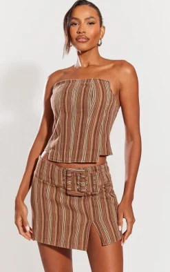 Discount PrettyLittleThing Stripe Belted Denim Mini Skirt Brown