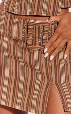 Discount PrettyLittleThing Stripe Belted Denim Mini Skirt Brown