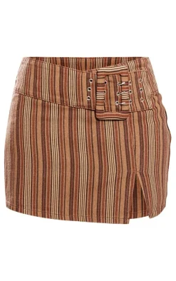 Discount PrettyLittleThing Stripe Belted Denim Mini Skirt Brown