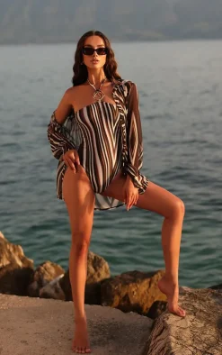 Brown Stripe Print Swirl Trim Swimsuit