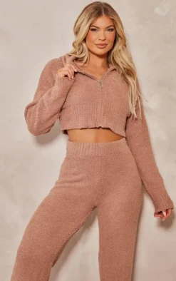 PrettyLittleThing Knitted Loungewear*Teddy Knit Cropped Zip Hoodie