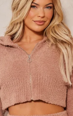 PrettyLittleThing Knitted Loungewear*Teddy Knit Cropped Zip Hoodie