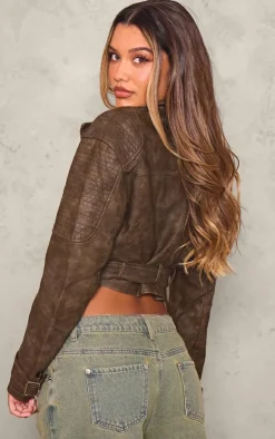 PrettyLittleThing Faux Leather Jackets*Textured Faux Leather Quilted Detail Cropped Biker Jacket