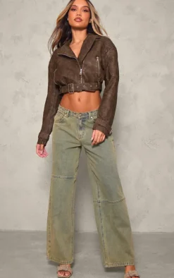 PrettyLittleThing Faux Leather Jackets*Textured Faux Leather Quilted Detail Cropped Biker Jacket