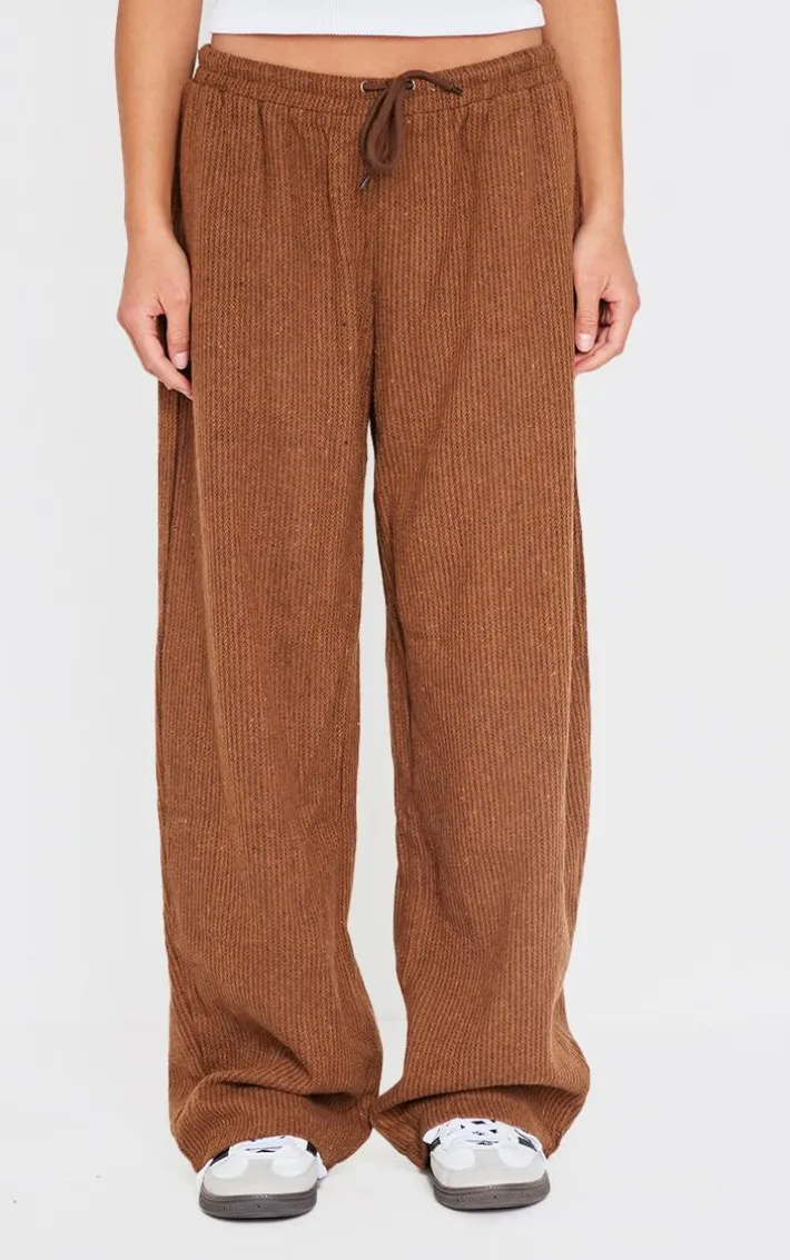 Brown Textured Low Rise Drawstring Straight Leg Pants