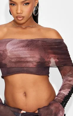 Sale PrettyLittleThing Textured Print Bardot Crop Top Brown
