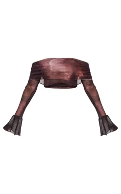 Sale PrettyLittleThing Textured Print Bardot Crop Top Brown