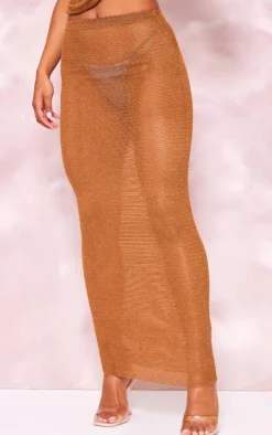 Sale PrettyLittleThing Textured Sheer Low Rise Midaxi Skirt Brown