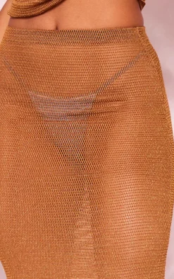 Sale PrettyLittleThing Textured Sheer Low Rise Midaxi Skirt Brown