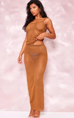 PrettyLittleThing Textured Sheer Strappy Longline Cami Top Brown