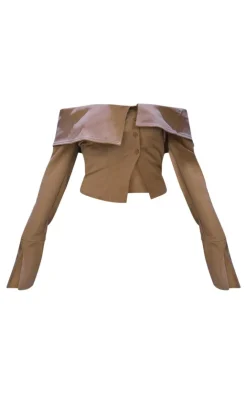 Outlet PrettyLittleThing Textured Woven Fold Over Detail Long Sleeve Top Brown