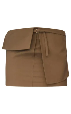 New PrettyLittleThing Textured Woven Fold Over Waist Micro Mini Skirt Brown
