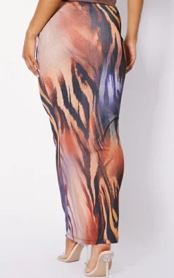Brown Tiger Print Burnout Mesh Low Rise Maxi Skirt