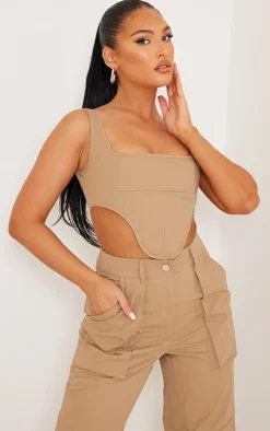 Hot PrettyLittleThing Twill Dip Hem Structured Cargo Corset Brown