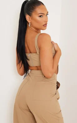 Hot PrettyLittleThing Twill Dip Hem Structured Cargo Corset Brown