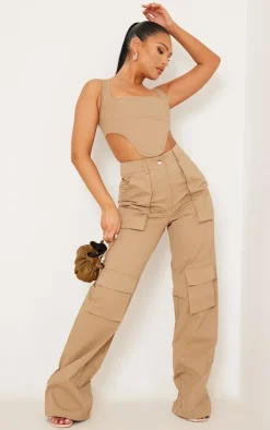 Hot PrettyLittleThing Twill Dip Hem Structured Cargo Corset Brown