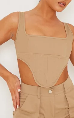 Hot PrettyLittleThing Twill Dip Hem Structured Cargo Corset Brown