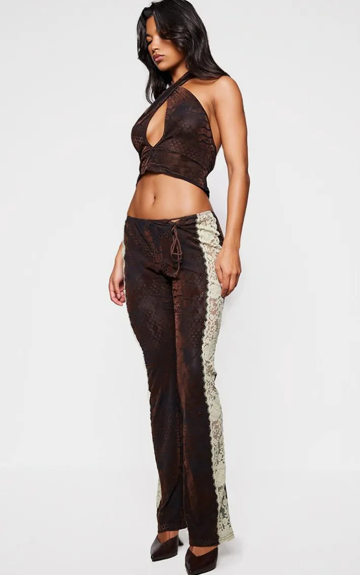 Brown Velvet Devore Lace Detail Pants