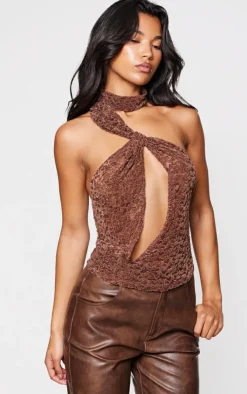 Velvet Lace Highneck Cut Out Long Top-PrettyLittleThing