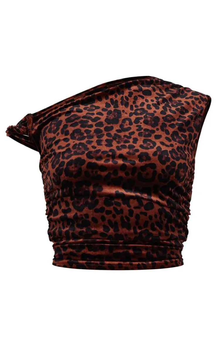 PrettyLittleThing Thanksgiving Outfits*Velvet Leopard Printed Asymmetric Shoulder Detail Long Top