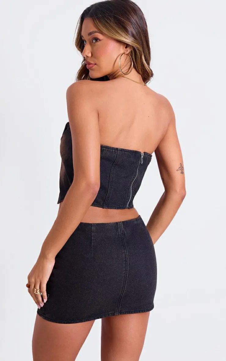 New PrettyLittleThing Vintage Asymmetric Waistband Detail Denim Crop Top Brown