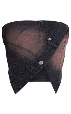 New PrettyLittleThing Vintage Asymmetric Waistband Detail Denim Crop Top Brown