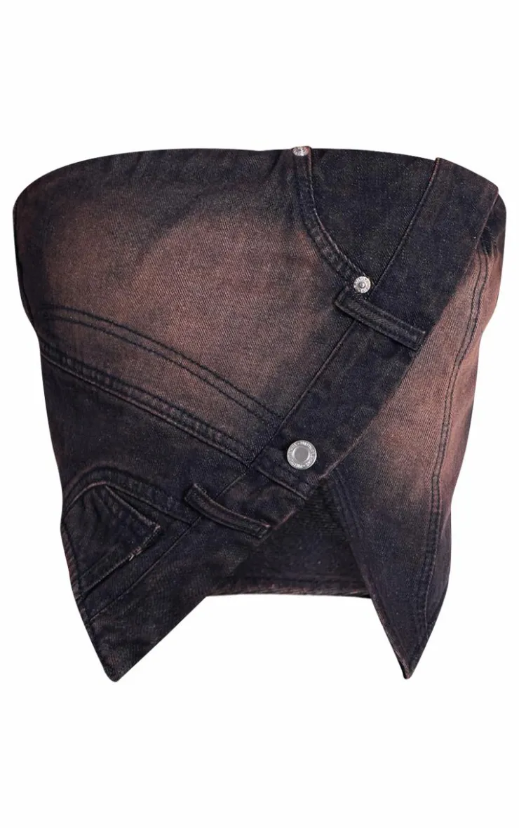 New PrettyLittleThing Vintage Asymmetric Waistband Detail Denim Crop Top Brown