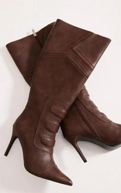 PrettyLittleThing High Heels*Vintage Point Toe Motor Cross High Heeled Knee Boots