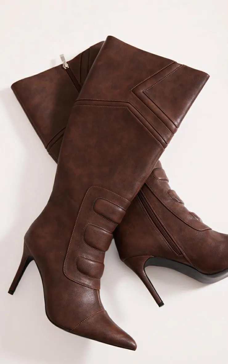 PrettyLittleThing High Heels*Vintage Point Toe Motor Cross High Heeled Knee Boots