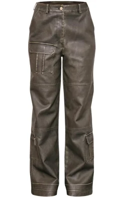 Vintage Wash Faux Leather Pocket Front Pants-PrettyLittleThing Outlet