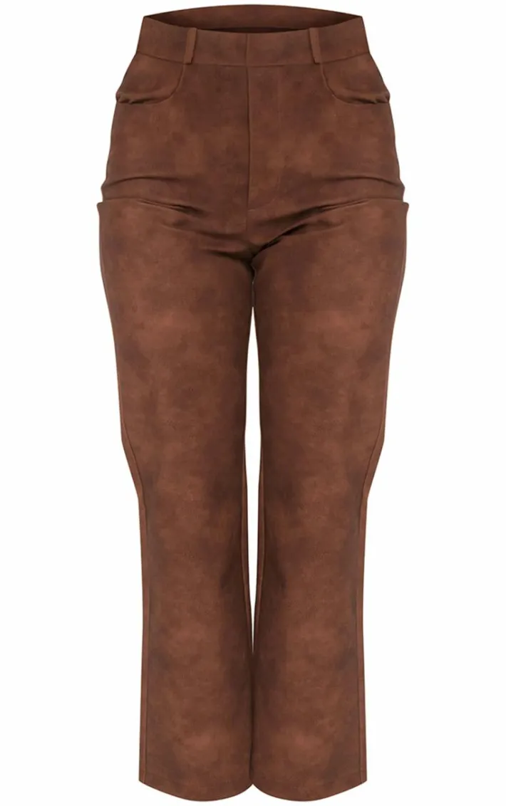 Brown Washed Faux Leather Cropped Straight Leg Pants