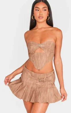 Outlet PrettyLittleThing Washed Faux Leather Buckle Detail Top Brown