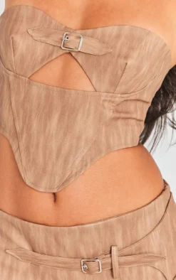 Outlet PrettyLittleThing Washed Faux Leather Buckle Detail Top Brown