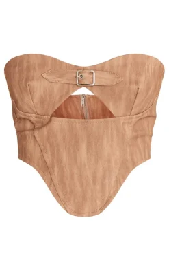 Outlet PrettyLittleThing Washed Faux Leather Buckle Detail Top Brown