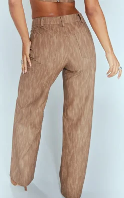 PrettyLittleThing Washed Faux Leather Belted Straight Leg Pants Brown