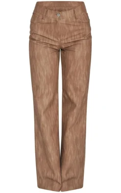 PrettyLittleThing Washed Faux Leather Belted Straight Leg Pants Brown
