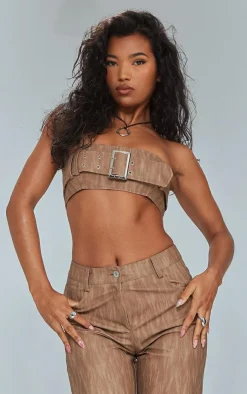 Outlet PrettyLittleThing Washed Faux Leather Belted Micro Bandeau Brown