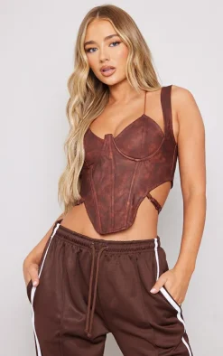 PrettyLittleThing Corsets*Washed Faux Leather Cross Halterneck Dip Hem Corset