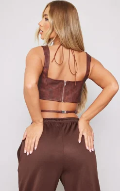 PrettyLittleThing Corsets*Washed Faux Leather Cross Halterneck Dip Hem Corset