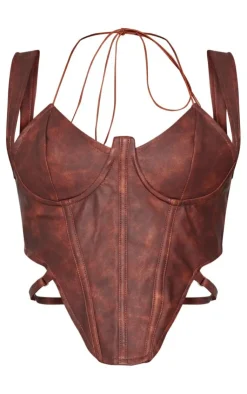 PrettyLittleThing Corsets*Washed Faux Leather Cross Halterneck Dip Hem Corset