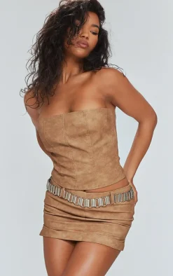 Hot PrettyLittleThing Washed Faux Leather Low Rise Seam Detail Micro Mini Skirt Brown