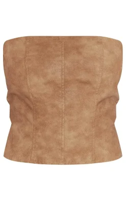 Online PrettyLittleThing Washed Faux Leather Seam Detail Corset Brown