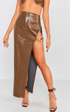 Best PrettyLittleThing Washed Faux Leather Chain Detail Extreme Split Midaxi Skirt Brown