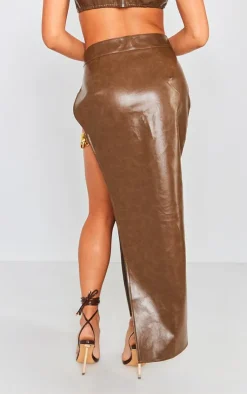 Best PrettyLittleThing Washed Faux Leather Chain Detail Extreme Split Midaxi Skirt Brown