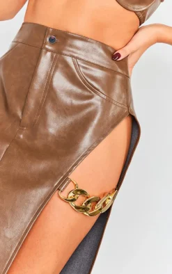 Best PrettyLittleThing Washed Faux Leather Chain Detail Extreme Split Midaxi Skirt Brown