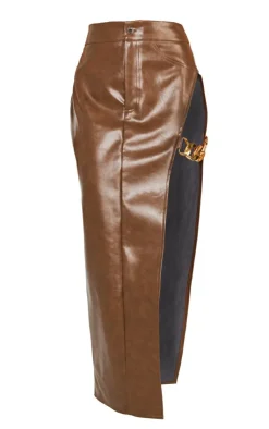 Best PrettyLittleThing Washed Faux Leather Chain Detail Extreme Split Midaxi Skirt Brown