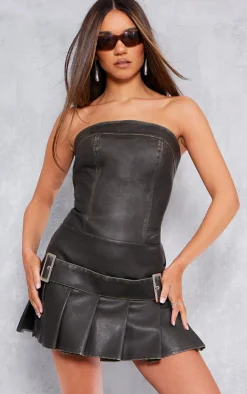 PrettyLittleThing Washed Faux Leather Longline Bandeau Brown