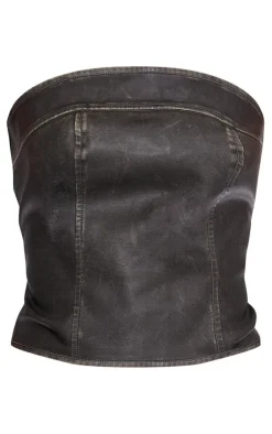PrettyLittleThing Washed Faux Leather Longline Bandeau Brown