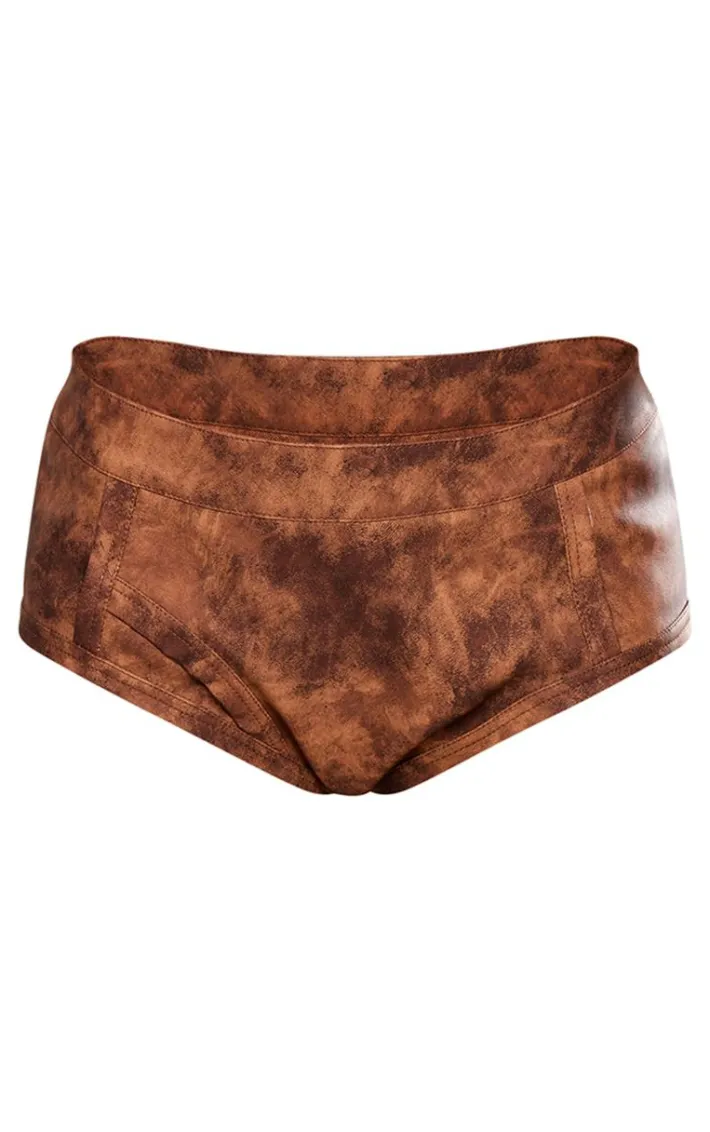 Brown Washed Faux Leather Micro Hot Pants