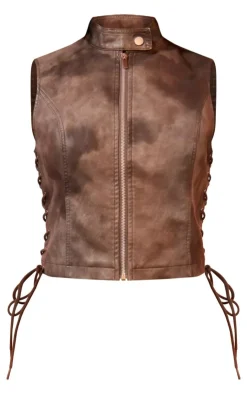 Clearance PrettyLittleThing Washed Faux Leather Lace Up Detail Long Top Brown